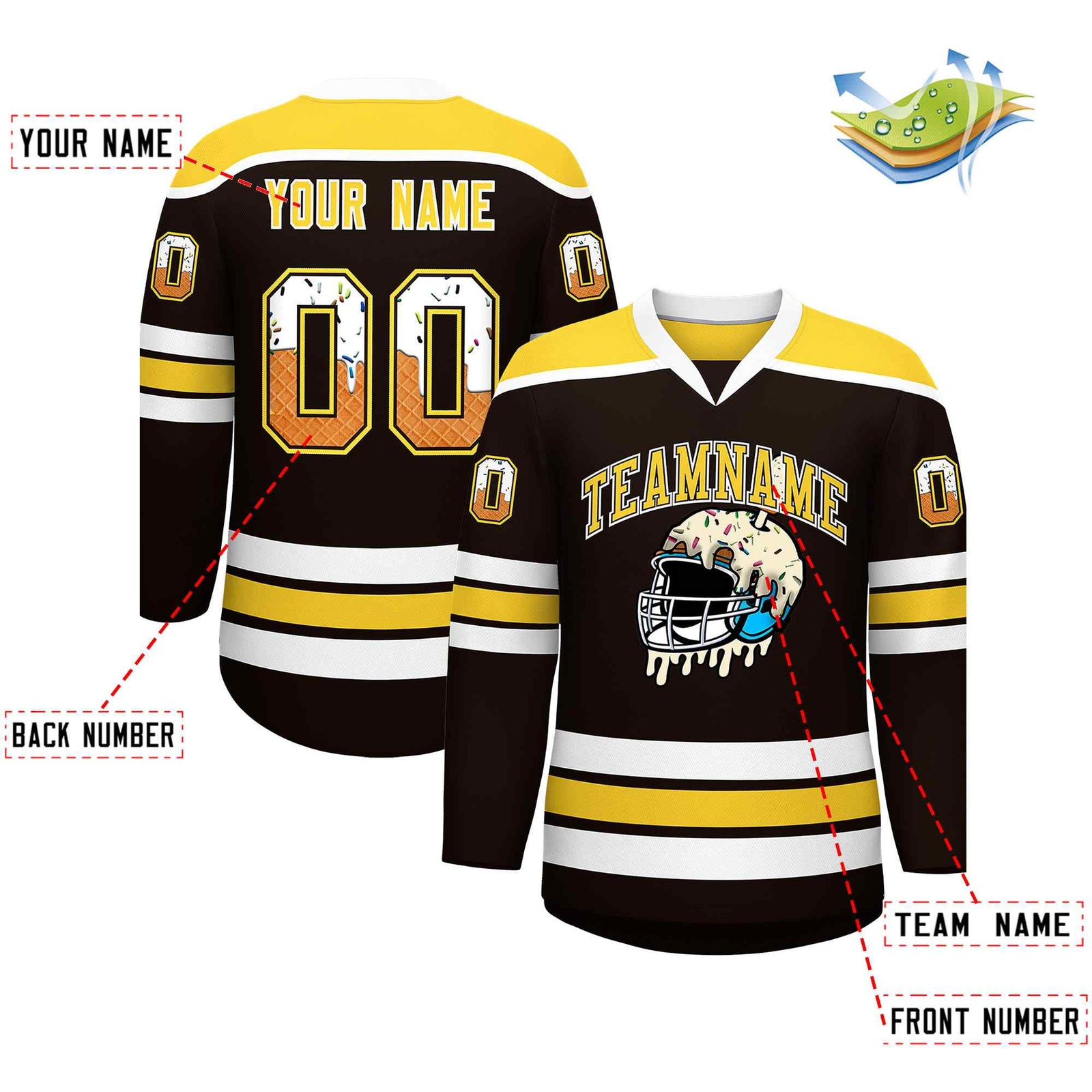 Custom Brown Gold Ice Cream Helmet Pattern Personalized V-Neck Hockey Jersey