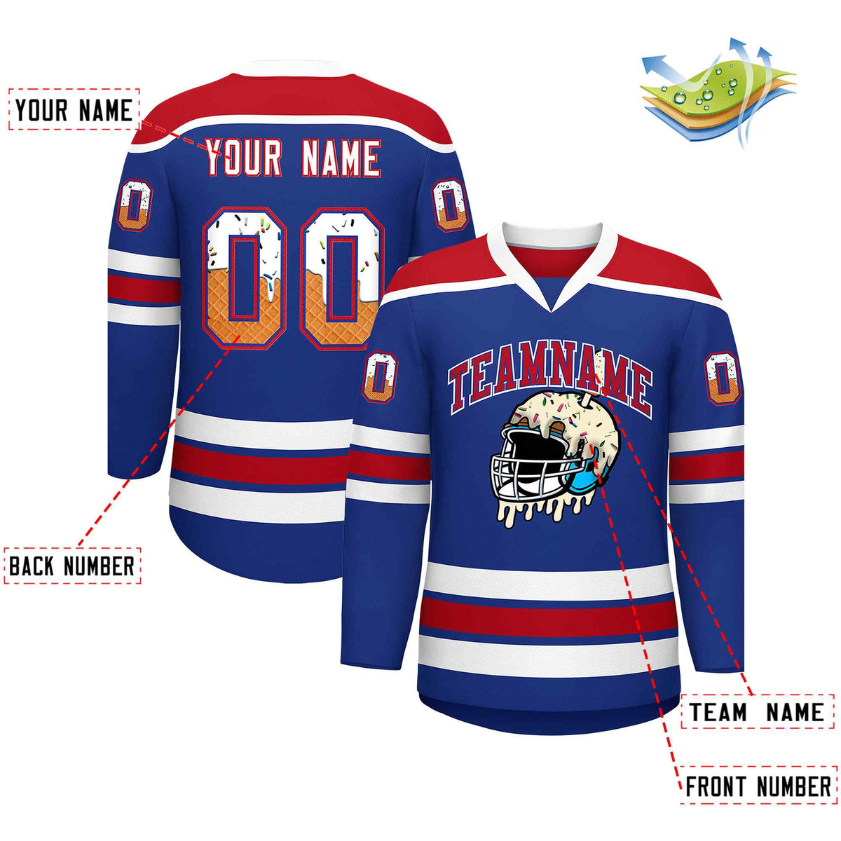 Custom Royal Blue Red Ice Cream Helmet Pattern Personalized V-Neck Hockey Jersey