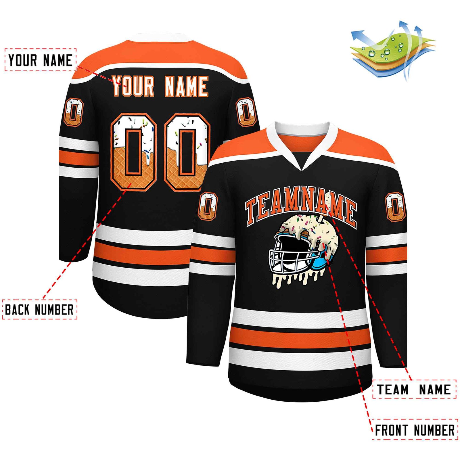 Custom Black Orange Ice Cream Helmet Pattern Personalized V-Neck Hockey Jersey