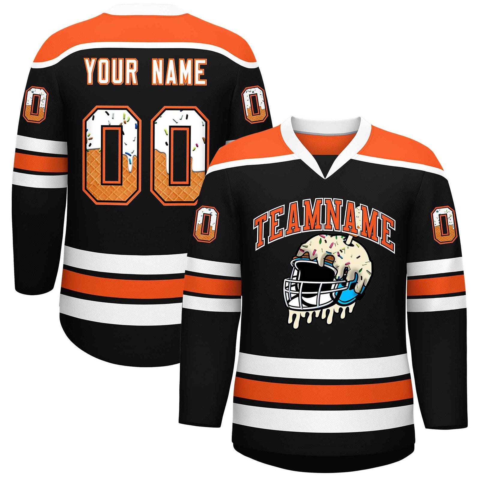 Custom Black Orange Ice Cream Helmet Pattern Personalized V-Neck Hockey Jersey