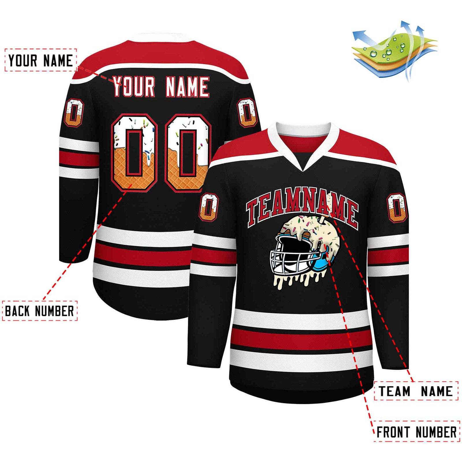Custom Black Red Ice Cream Helmet Pattern Personalized V-Neck Hockey Jersey