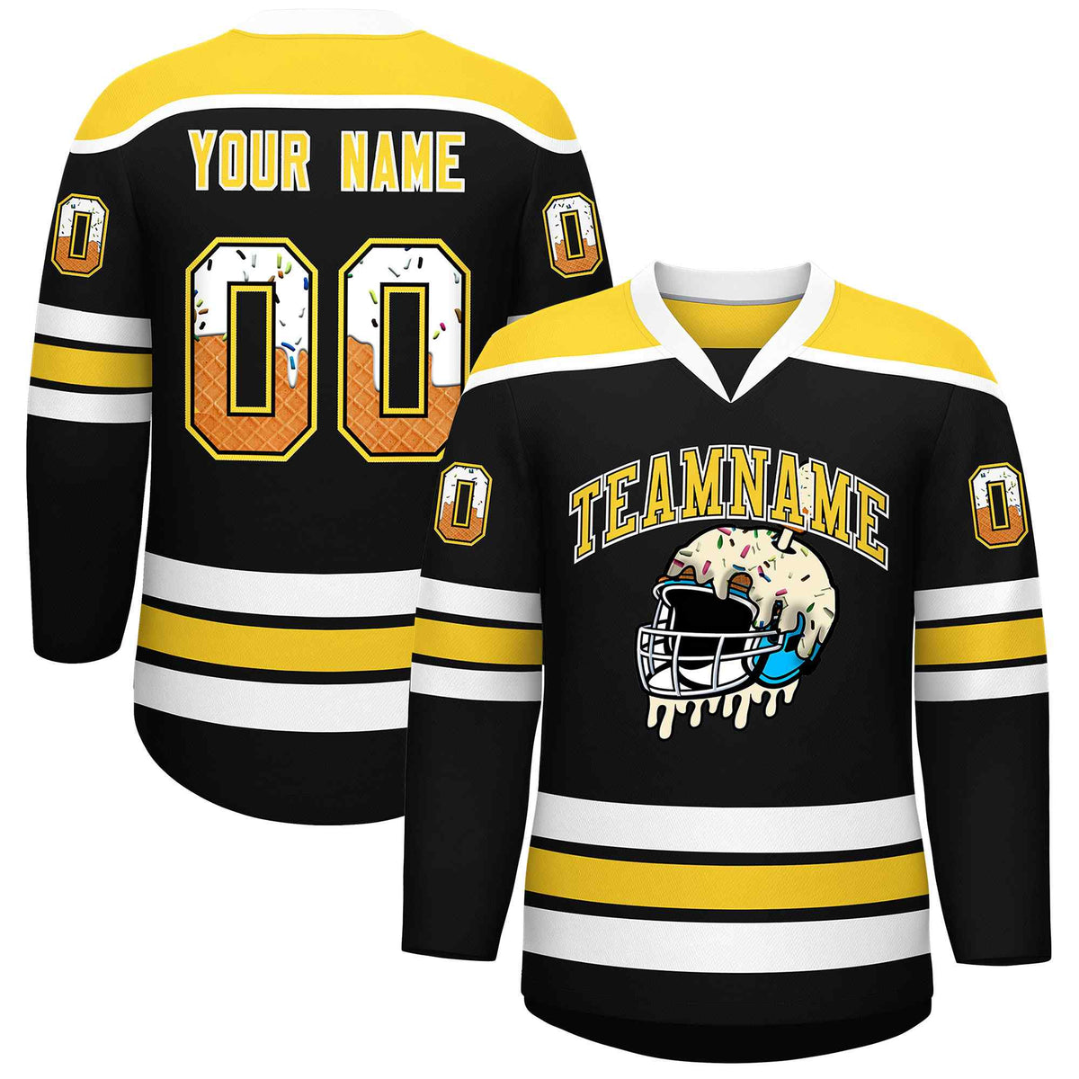 Custom Black Gold Ice Cream Helmet Pattern Personalized V-Neck Hockey Jersey