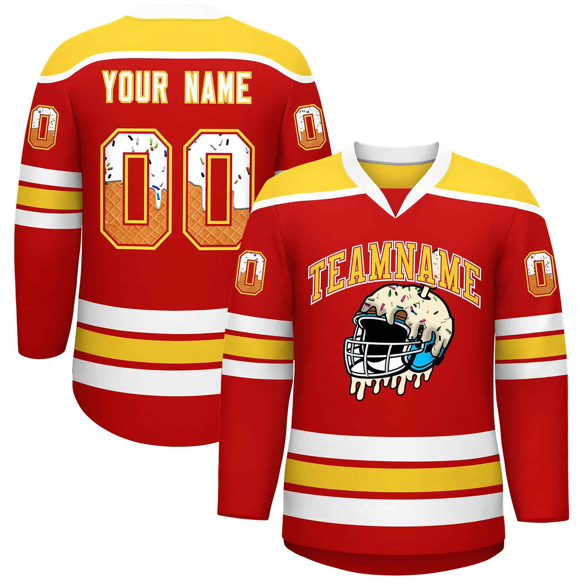 Custom Red Gold Ice Cream Helmet Pattern Personalized V-Neck Hockey Jersey