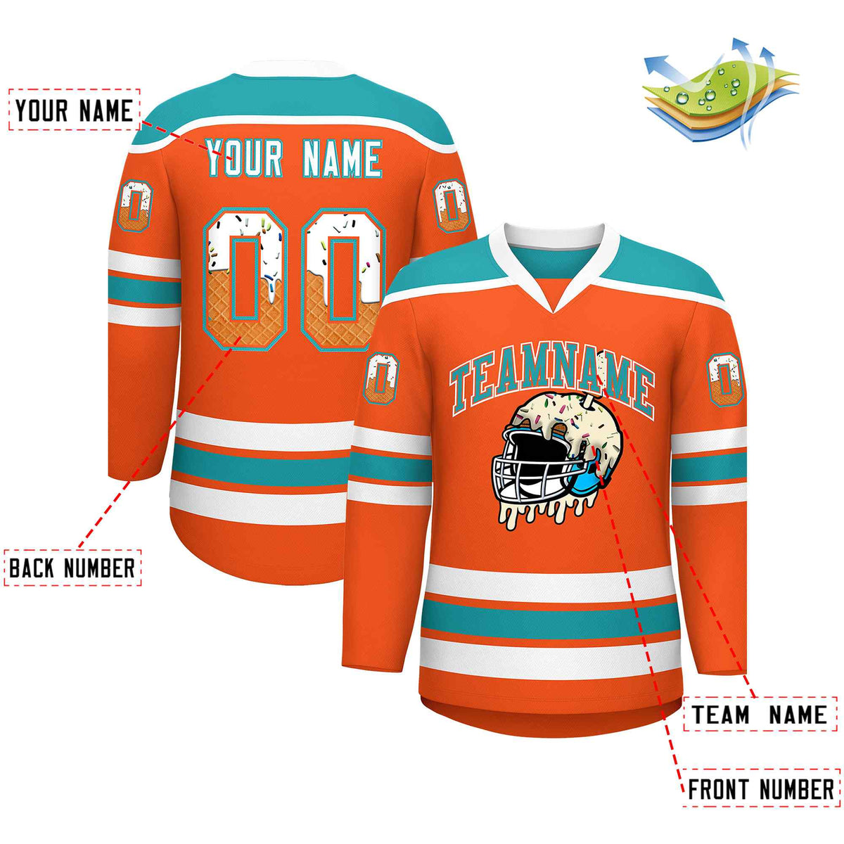 Custom Orange Aqua Ice Cream Helmet Pattern Personalized V-Neck Hockey Jersey
