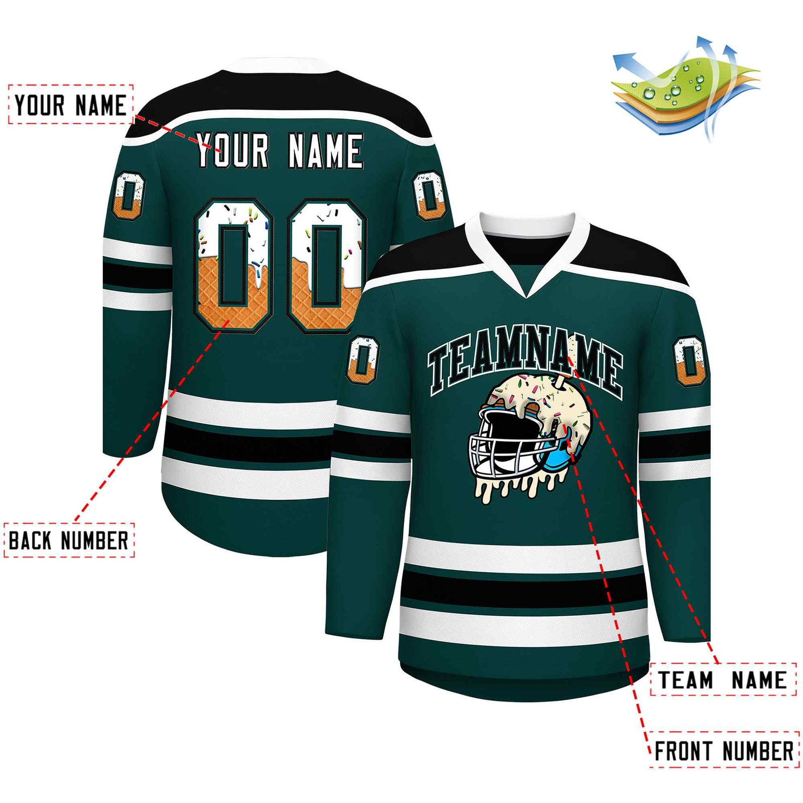 Custom Midnight Green Black Ice Cream Helmet Pattern Personalized V-Neck Hockey Jersey