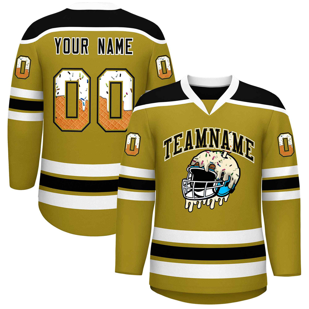 Custom Old Gold Black Ice Cream Helmet Pattern Personalized V-Neck Hockey Jersey