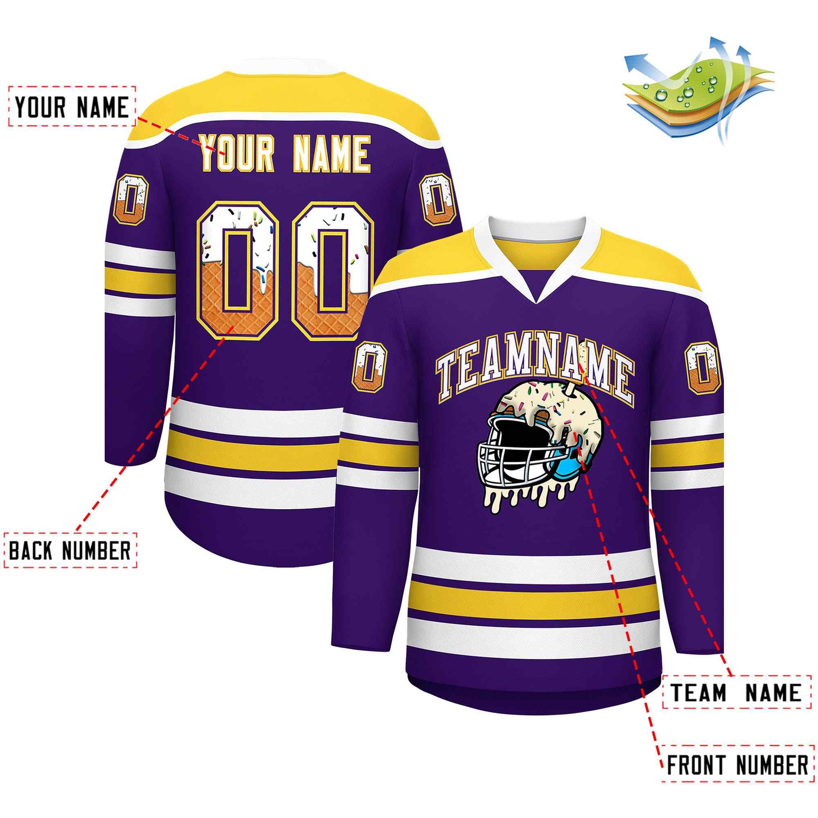 Custom Purple Gold Ice Cream Helmet Pattern Personalized V-Neck Hockey Jersey