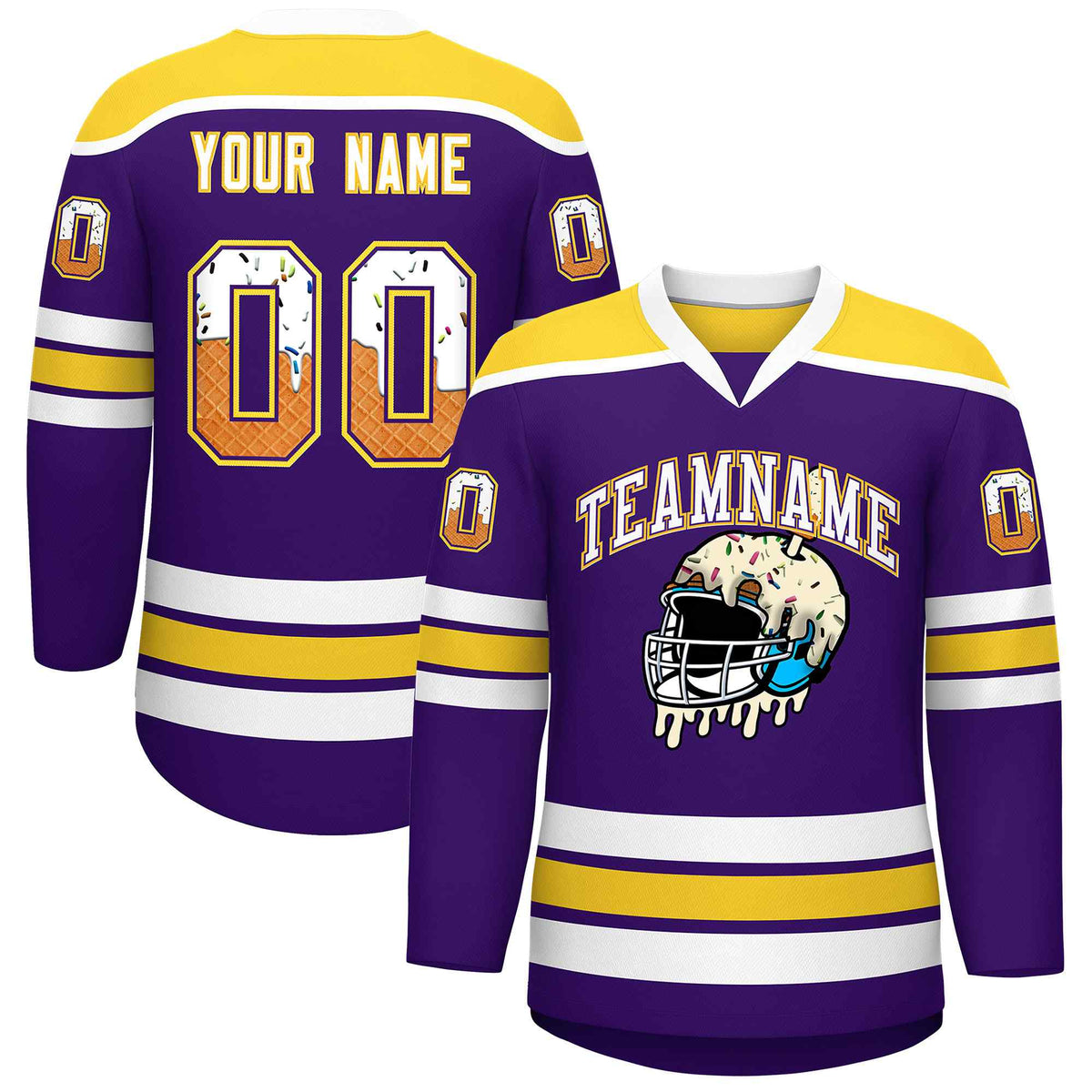 Custom Purple Gold Ice Cream Helmet Pattern Personalized V-Neck Hockey Jersey