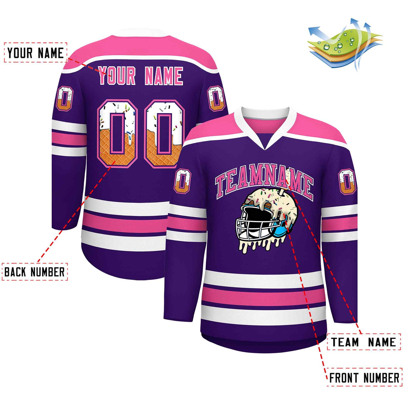 Custom Purple Pink Ice Cream Helmet Pattern Personalized V-Neck Hockey Jersey