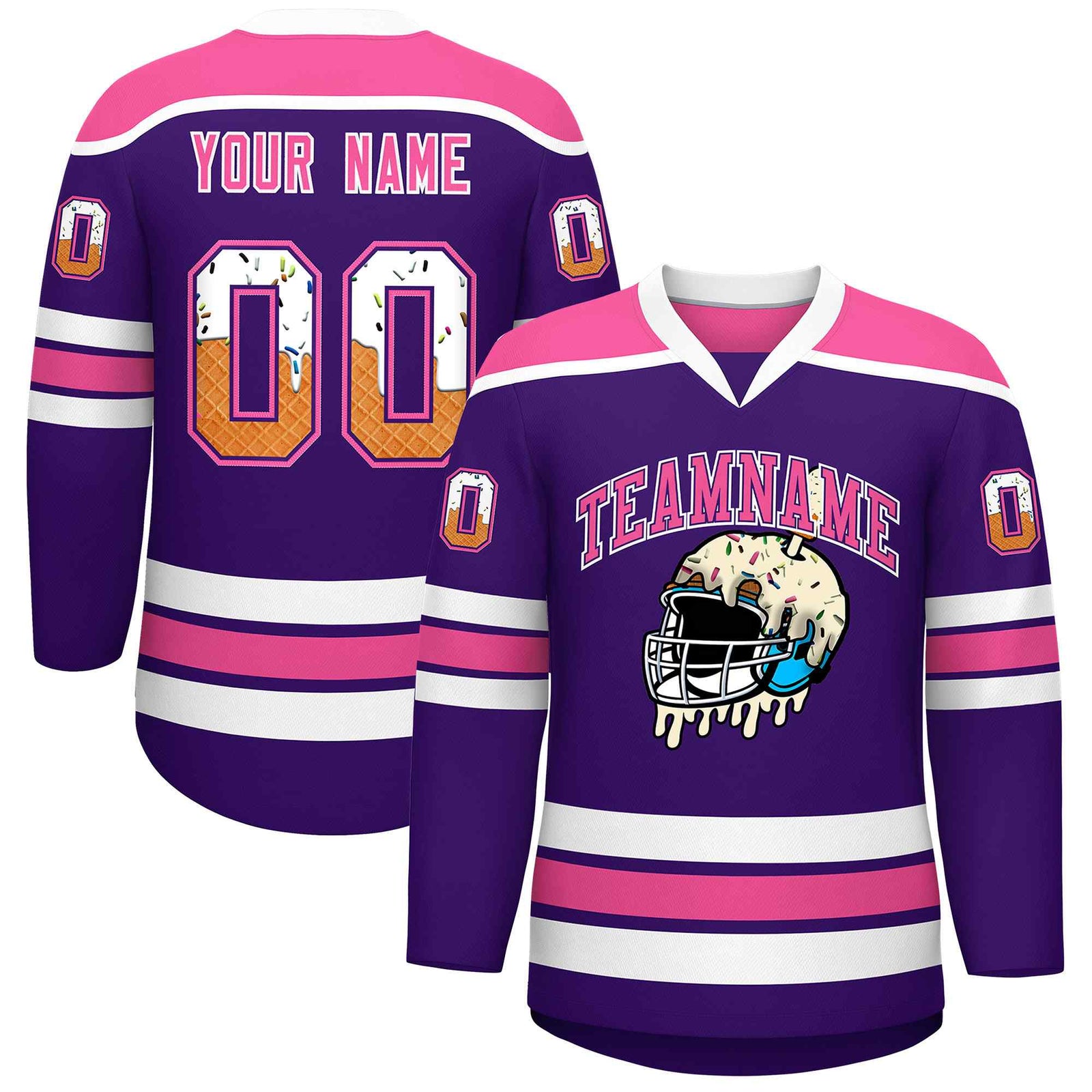 Custom Purple Pink Ice Cream Helmet Pattern Personalized V-Neck Hockey Jersey