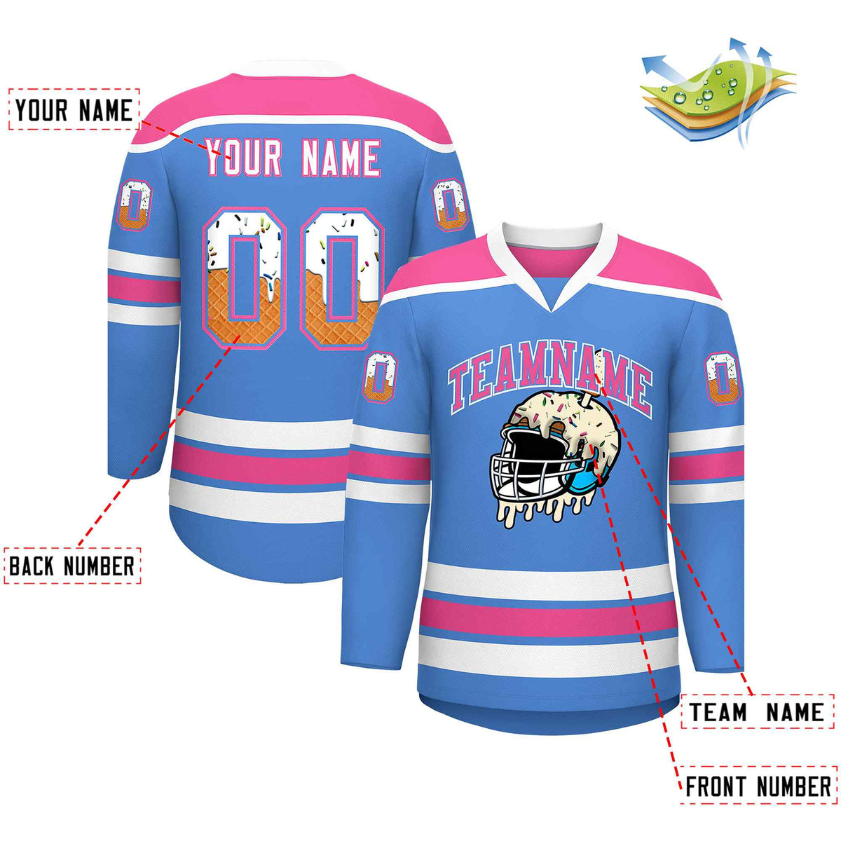 Custom Powder Blue Pink Ice Cream Helmet Pattern Personalized V-Neck Hockey Jersey