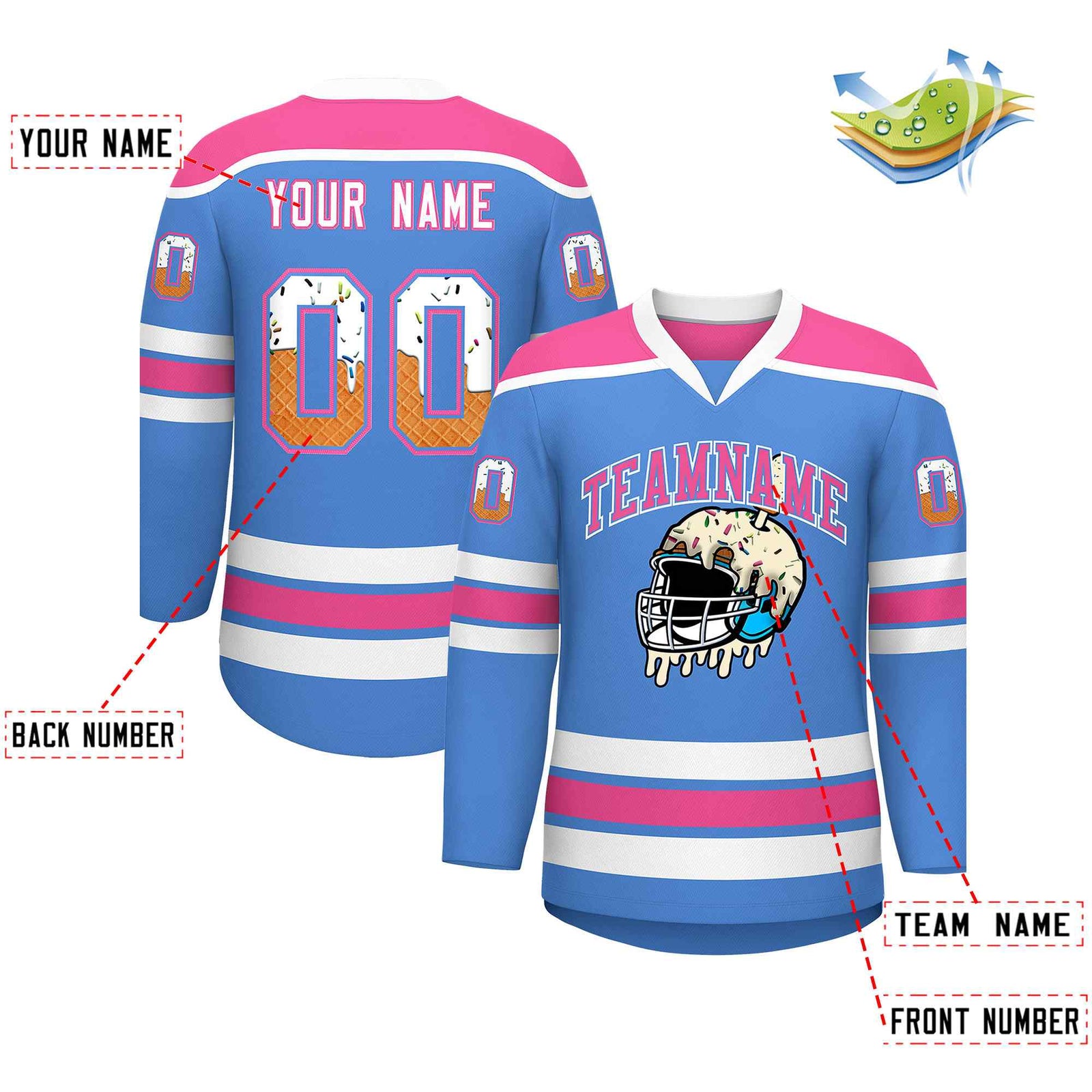 Custom Powder Blue Pink Ice Cream Helmet Pattern Personalized V-Neck Hockey Jersey