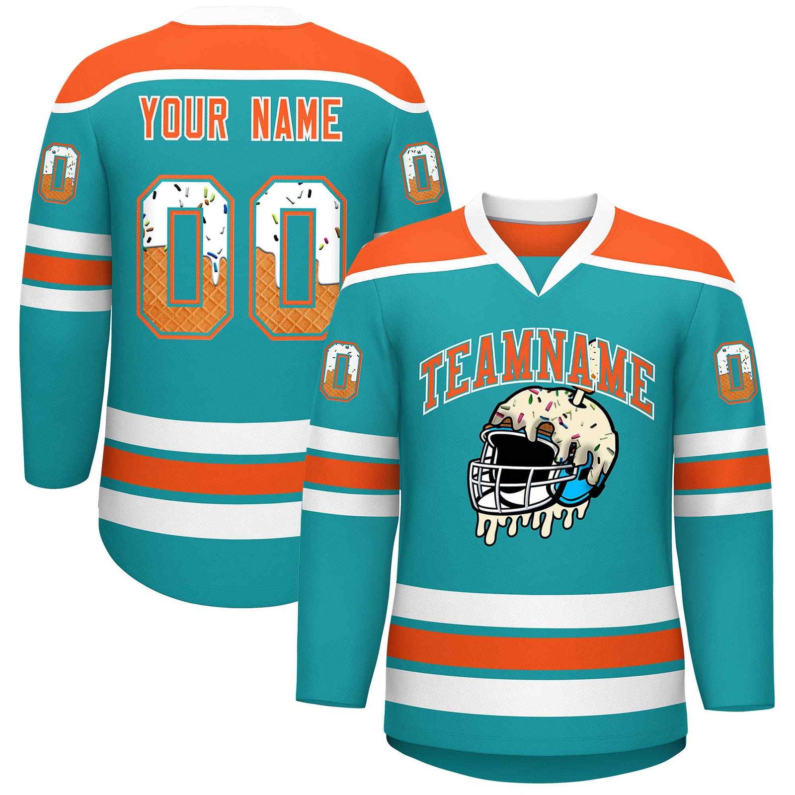 Custom Aqua Orange Ice Cream Helmet Pattern Personalized V-Neck Hockey Jersey
