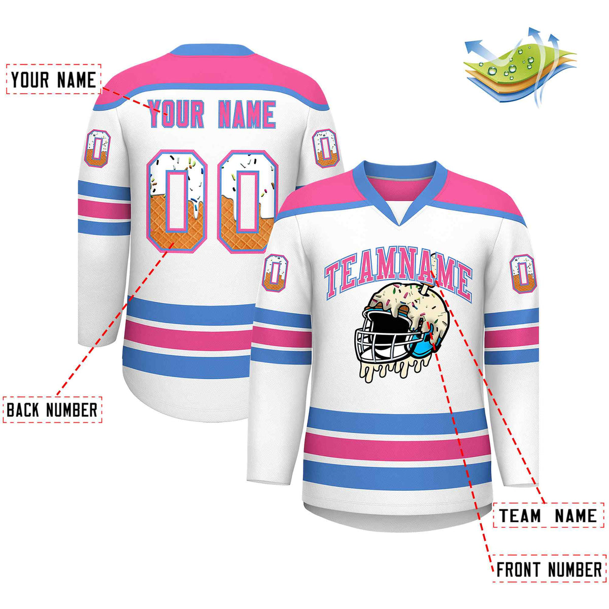 Custom White Pink Ice Cream Helmet Pattern Personalized V-Neck Hockey Jersey