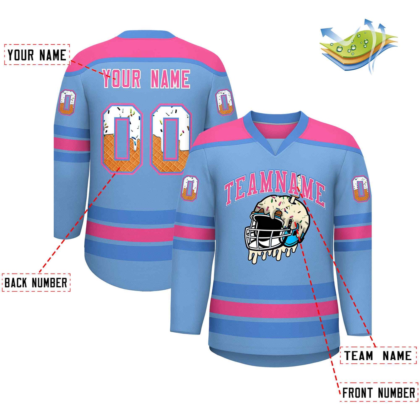 Custom Light Blue Pink Ice Cream Helmet Pattern Personalized V-Neck Hockey Jersey