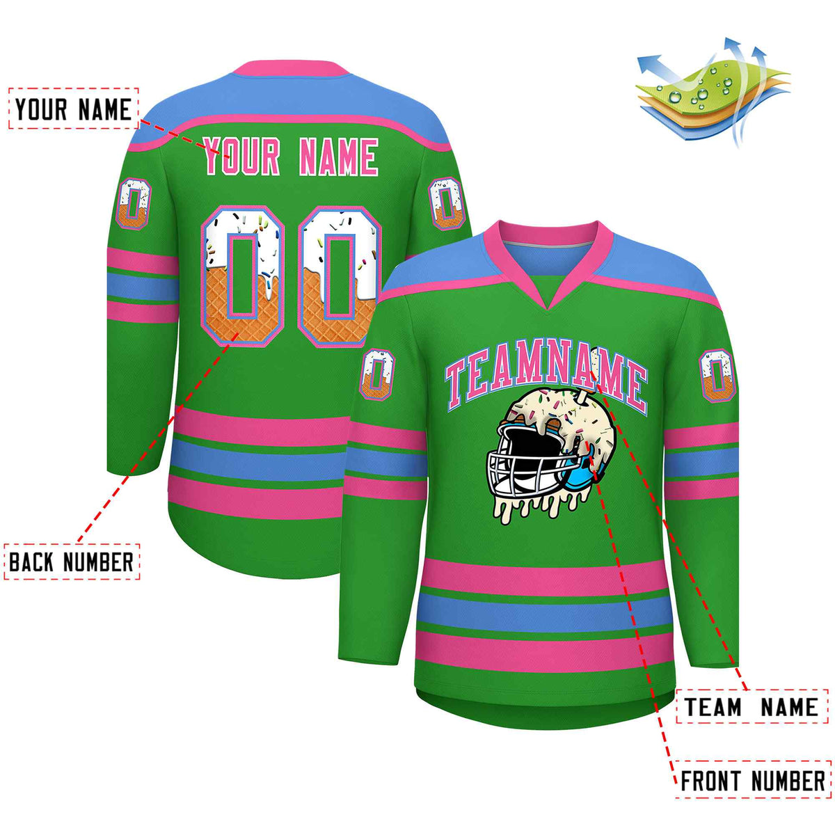 Custom Light Green Powder Blue Ice Cream Helmet Pattern Personalized V-Neck Hockey Jersey