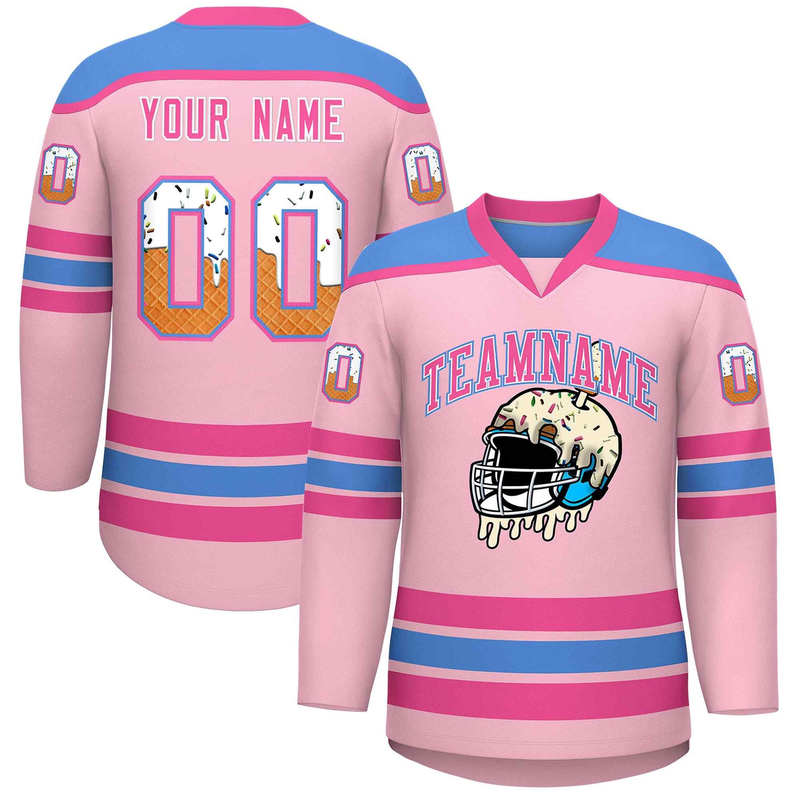 Custom Light Pink Powder Blue Ice Cream Helmet Pattern Personalized V-Neck Hockey Jersey
