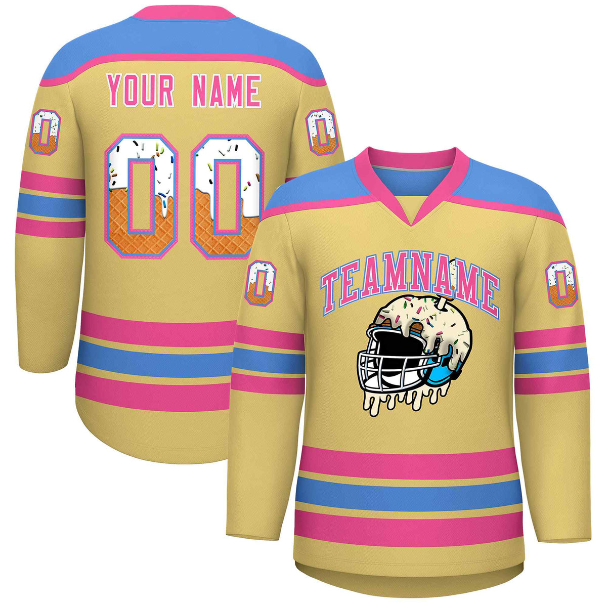 Custom Khaki Powder Blue Ice Cream Helmet Pattern Personalized V-Neck Hockey Jersey