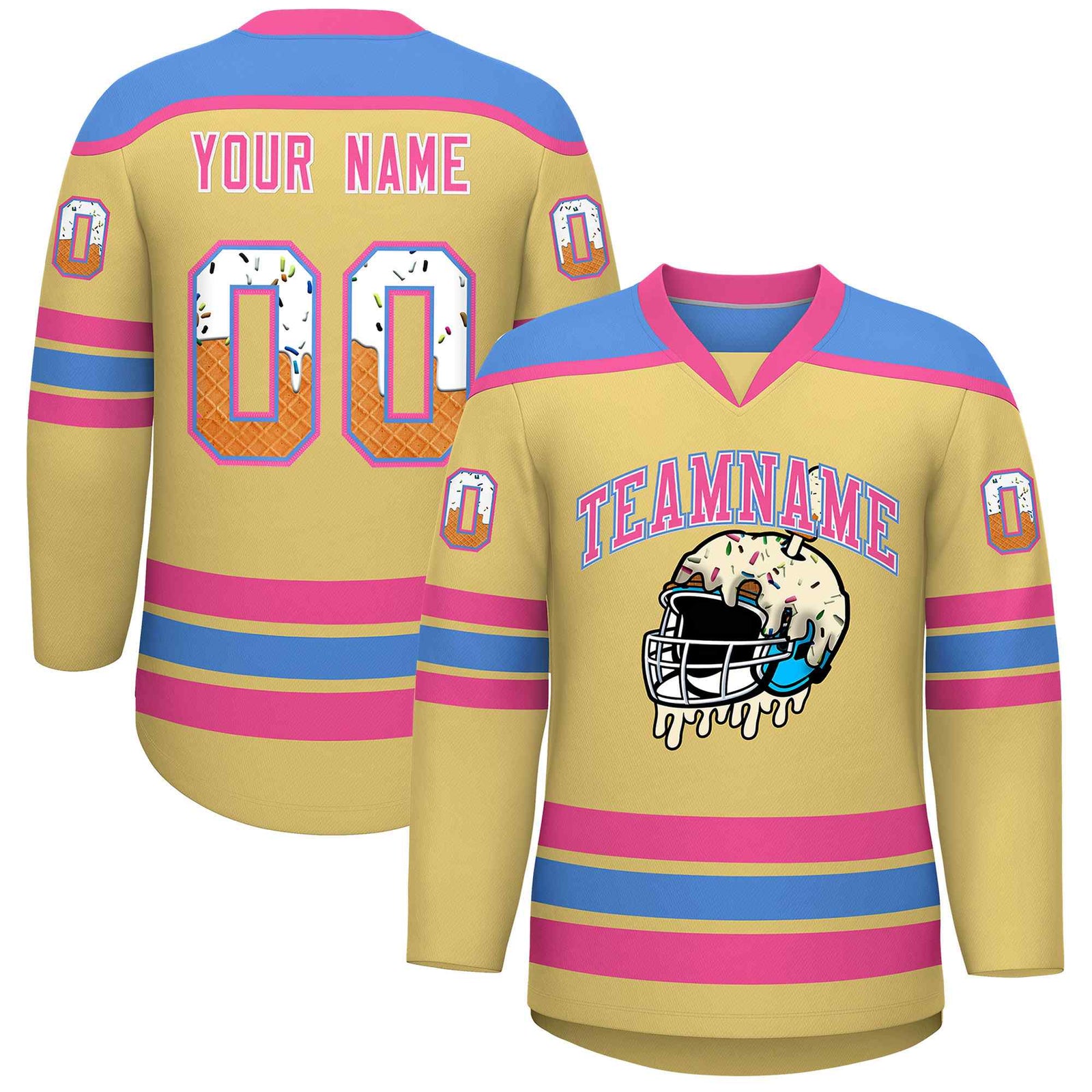 Custom Khaki Powder Blue Ice Cream Helmet Pattern Personalized V-Neck Hockey Jersey