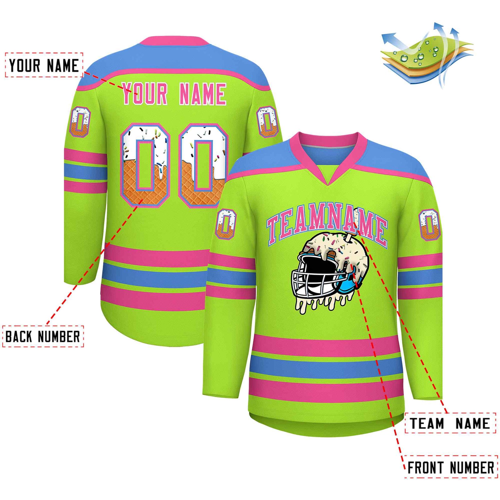Custom Neon Green Powder Blue Ice Cream Helmet Pattern Personalized V-Neck Hockey Jersey