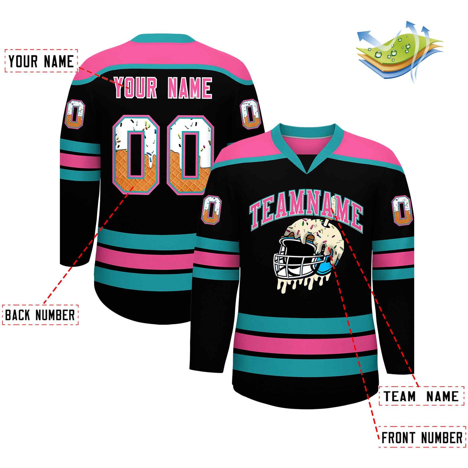 Custom Black Pink Ice Cream Helmet Pattern Personalized V-Neck Hockey Jersey
