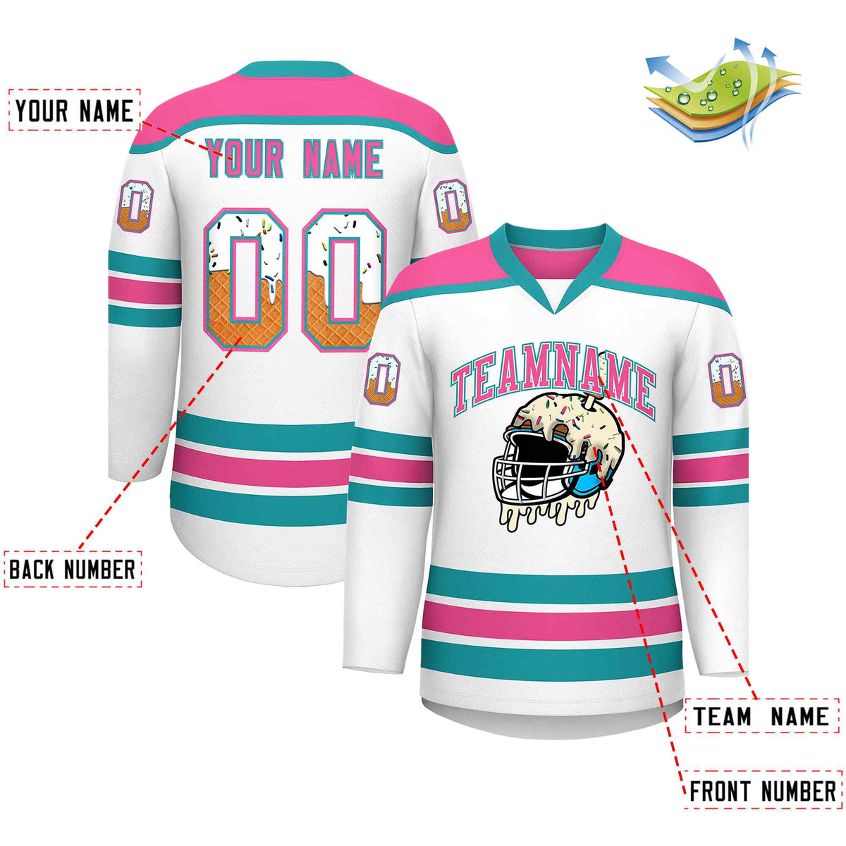 Custom White Pink Ice Cream Helmet Pattern Personalized V-Neck Hockey Jersey