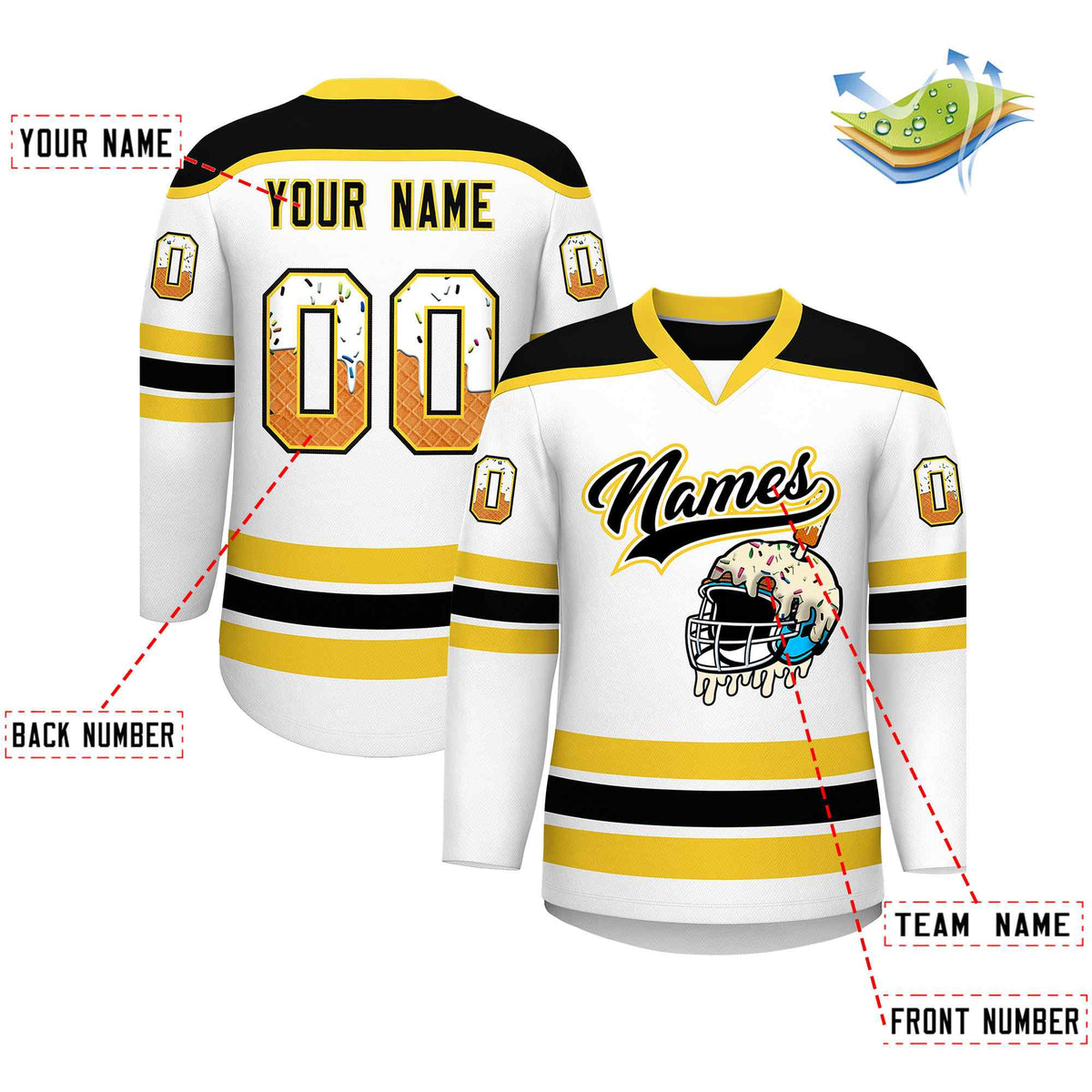 Custom White Gold Ice Cream Helmet Pattern Personalized V-Neck Hockey Jersey