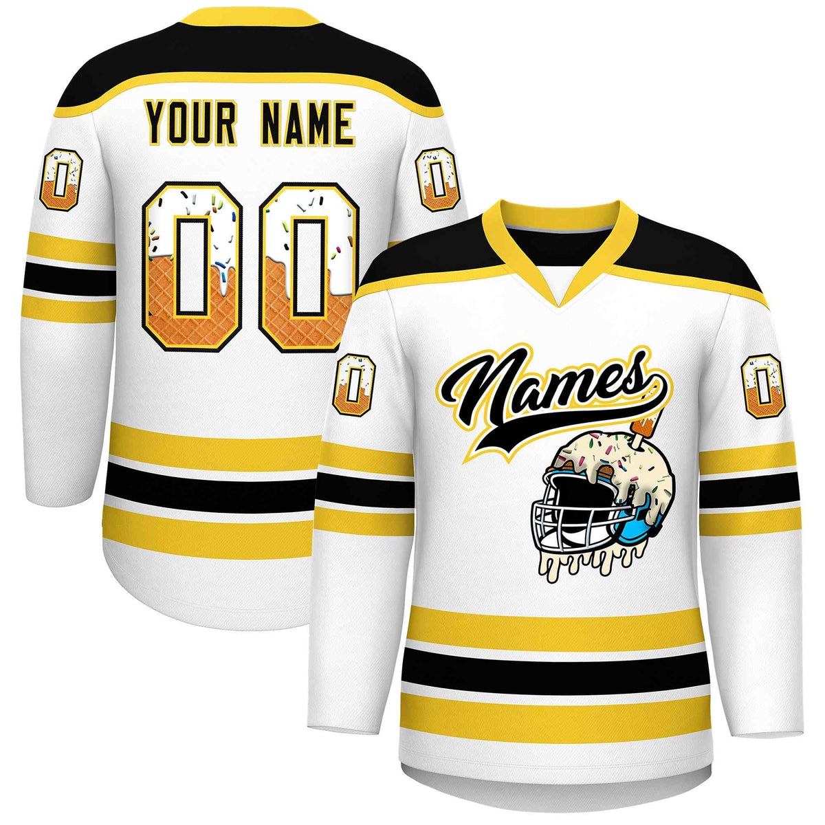 Custom White Gold Ice Cream Helmet Pattern Personalized V-Neck Hockey Jersey