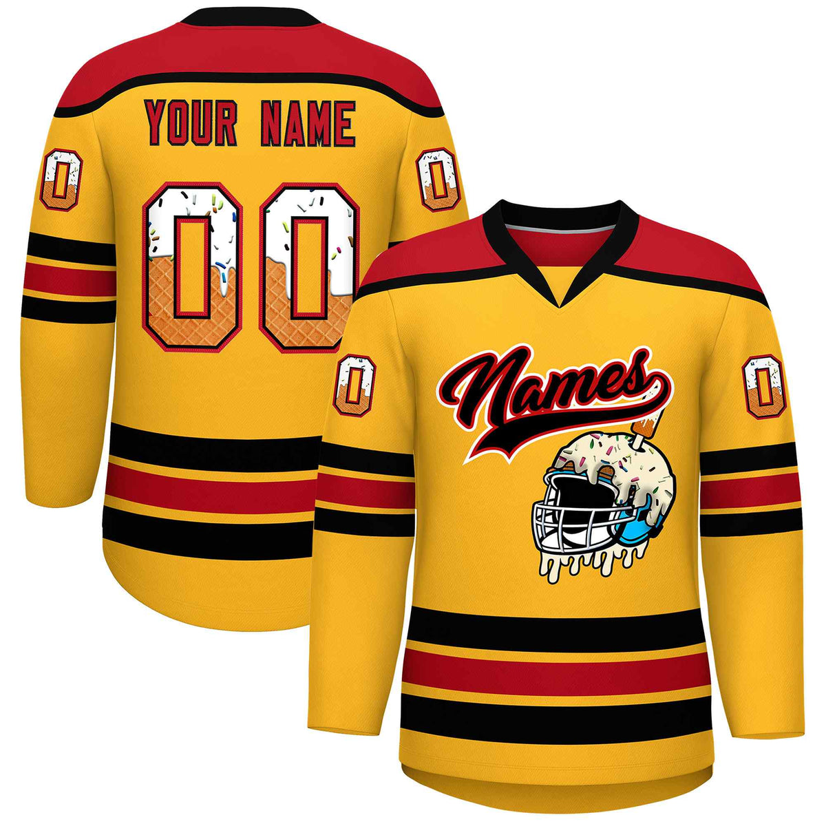 Custom Yellow Red Ice Cream Helmet Pattern Personalized V-Neck Hockey Jersey