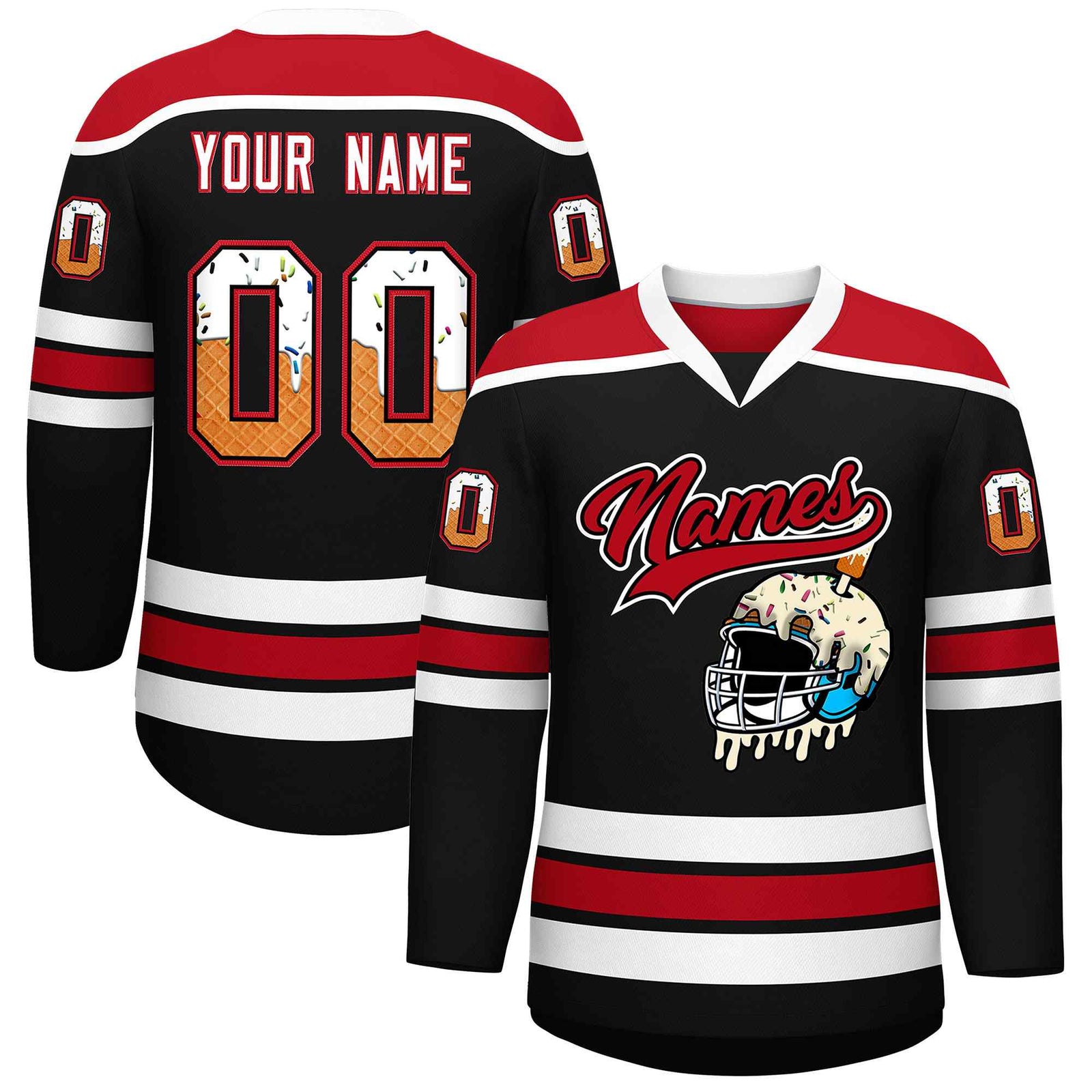 Custom Black Red Ice Cream Helmet Pattern Personalized V-Neck Hockey Jersey