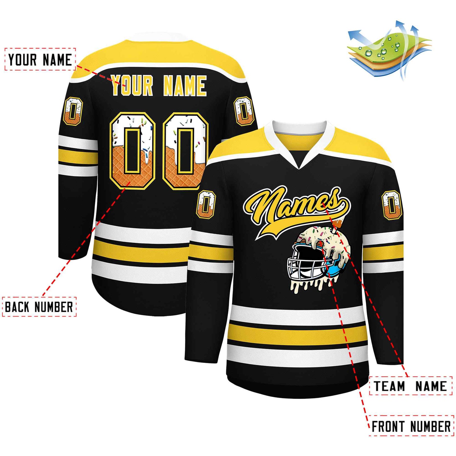 Custom Black Gold Ice Cream Helmet Pattern Personalized V-Neck Hockey Jersey