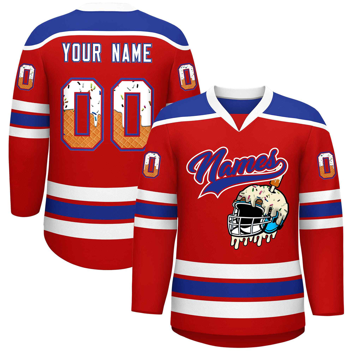 Custom Red Royal Blue Ice Cream Helmet Pattern Personalized V-Neck Hockey Jersey