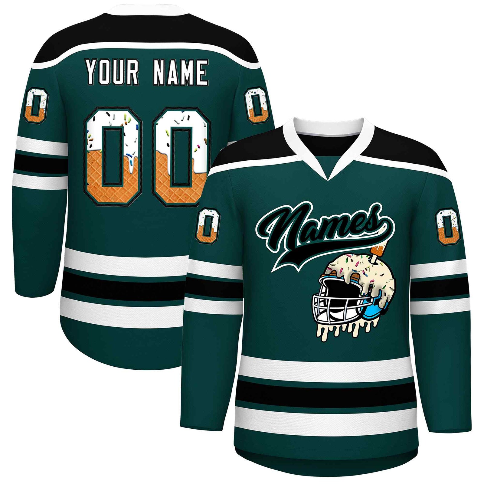 Custom Midnight Green Black Ice Cream Helmet Pattern Personalized V-Neck Hockey Jersey