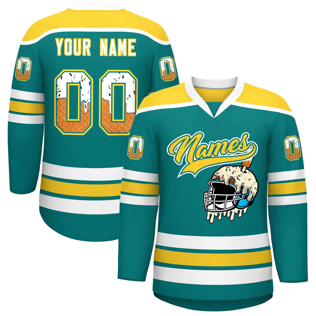 Custom Teal Gold Ice Cream Helmet Pattern Personalized V-Neck Hockey Jersey