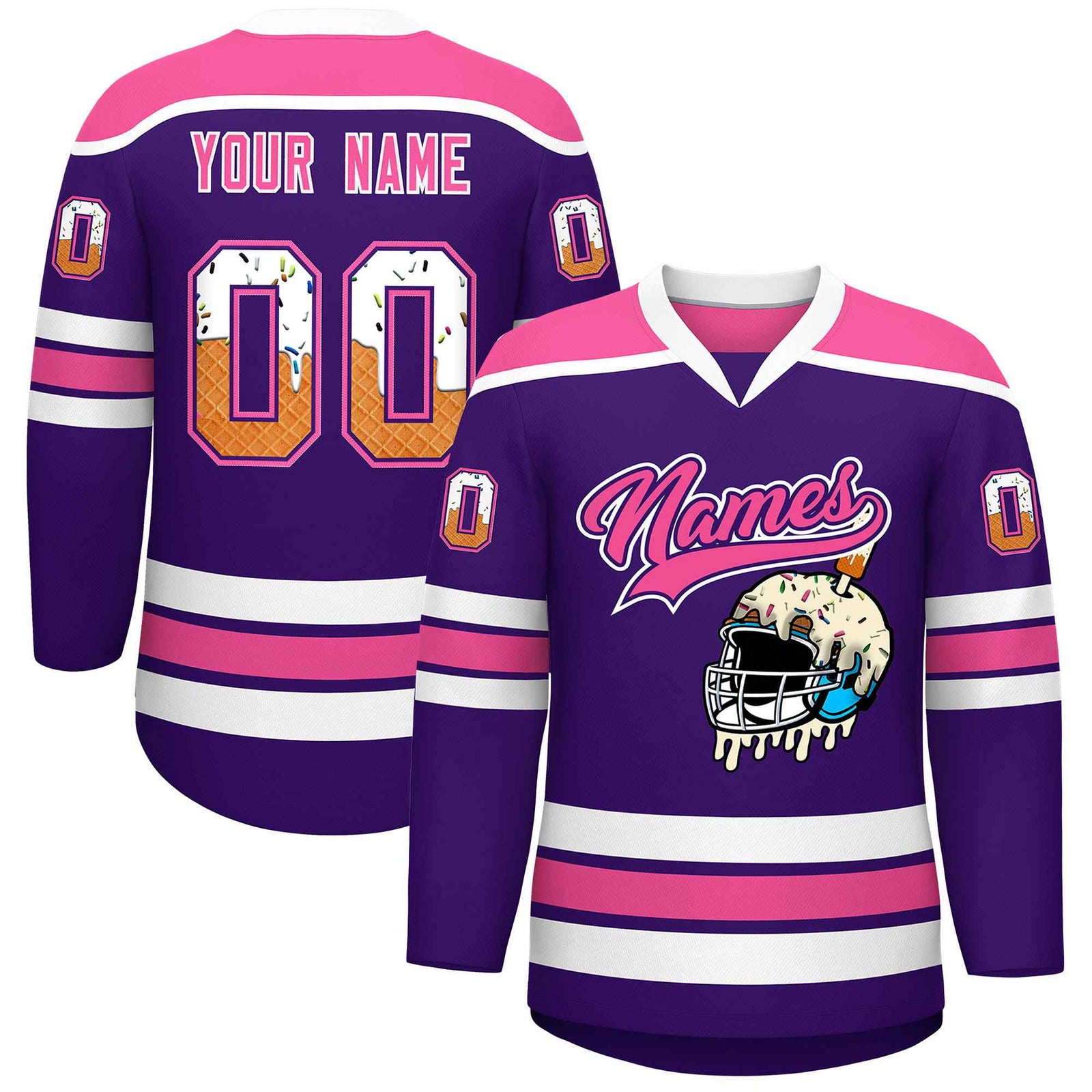 Custom Purple Pink Ice Cream Helmet Pattern Personalized V-Neck Hockey Jersey