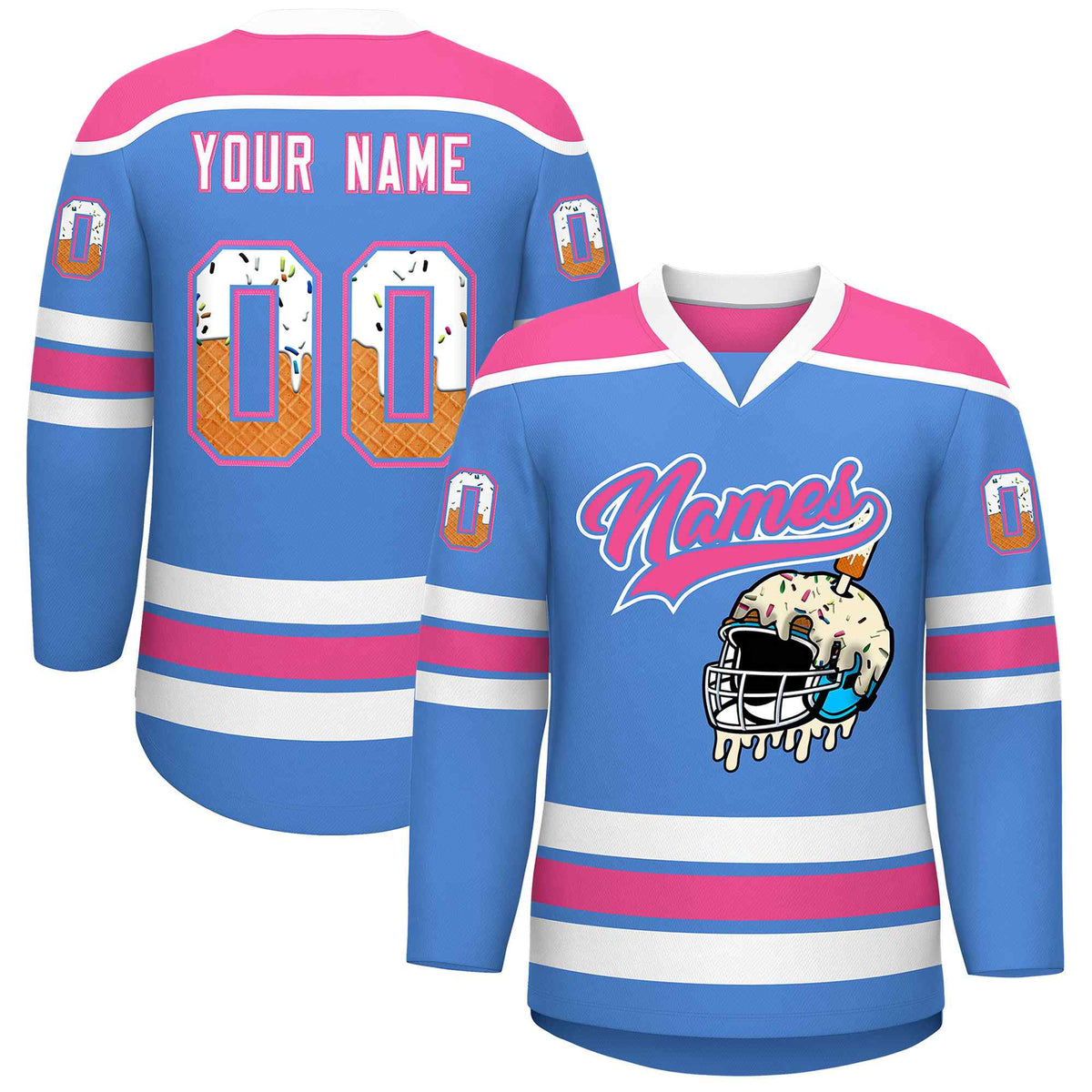 Custom Powder Blue Pink Ice Cream Helmet Pattern Personalized V-Neck Hockey Jersey
