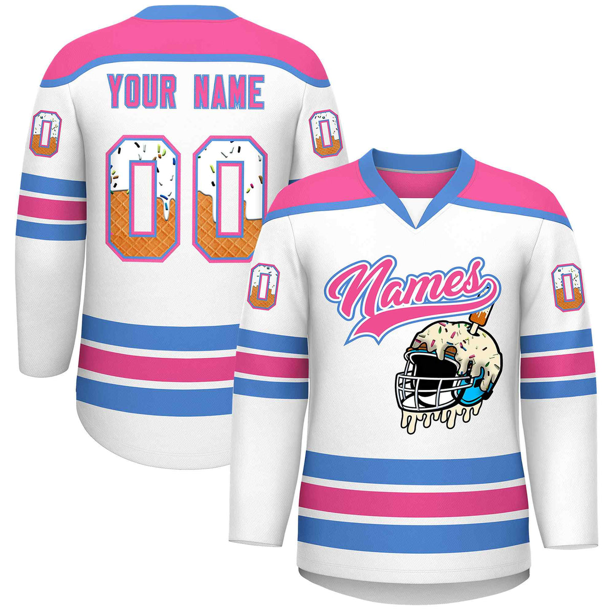 Custom White Pink Ice Cream Helmet Pattern Personalized V-Neck Hockey Jersey