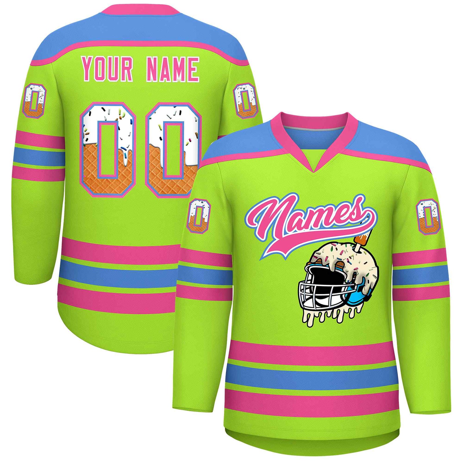 Custom Neon Green Powder Blue Ice Cream Helmet Pattern Personalized V-Neck Hockey Jersey