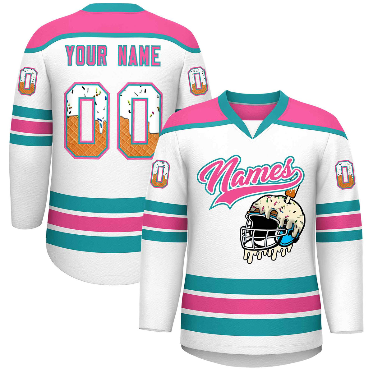 Custom White Pink Ice Cream Helmet Pattern Personalized V-Neck Hockey Jersey