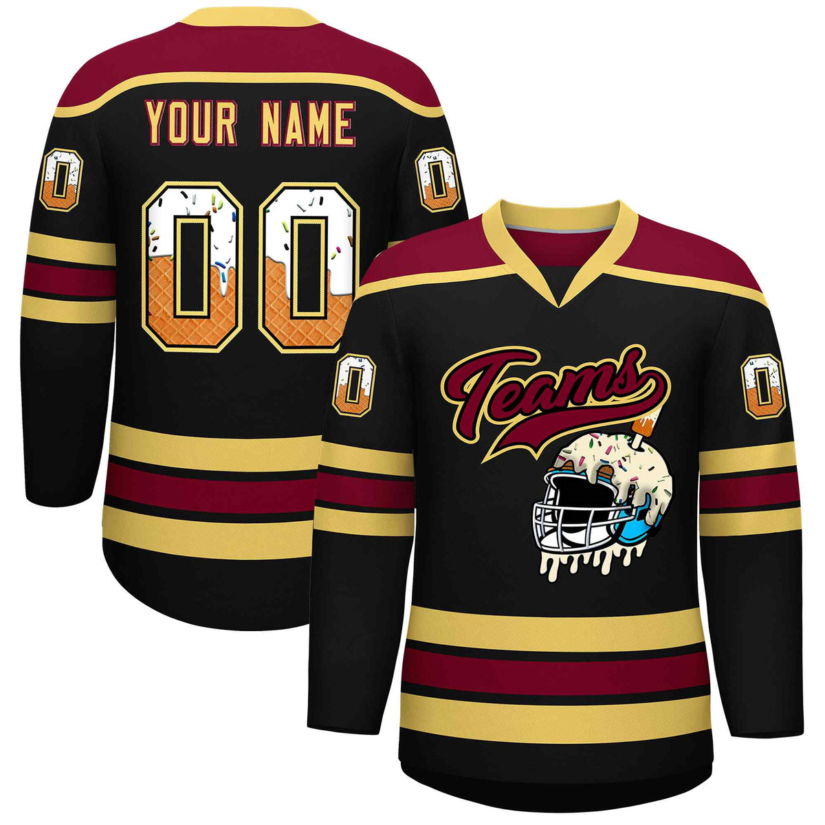Custom Black Khaki Ice Cream Helmet Pattern Personalized V-Neck Hockey Jersey