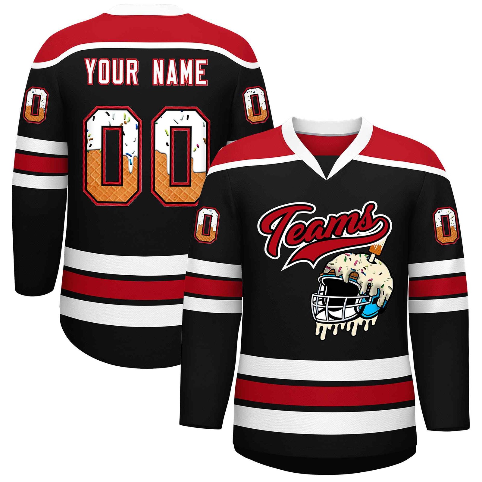 Custom Black Red Ice Cream Helmet Pattern Personalized V-Neck Hockey Jersey