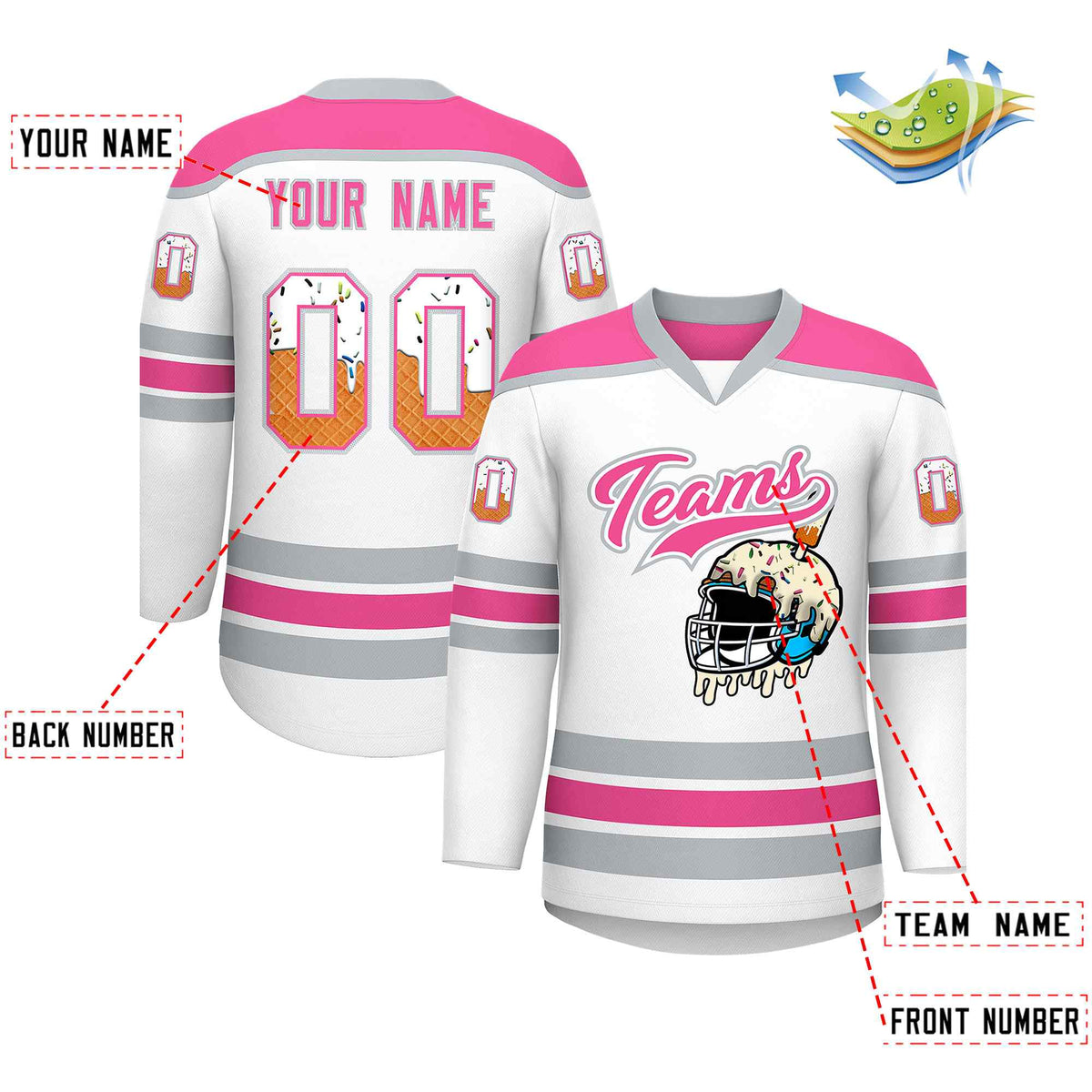 Custom White Pink Ice Cream Helmet Pattern Personalized V-Neck Hockey Jersey
