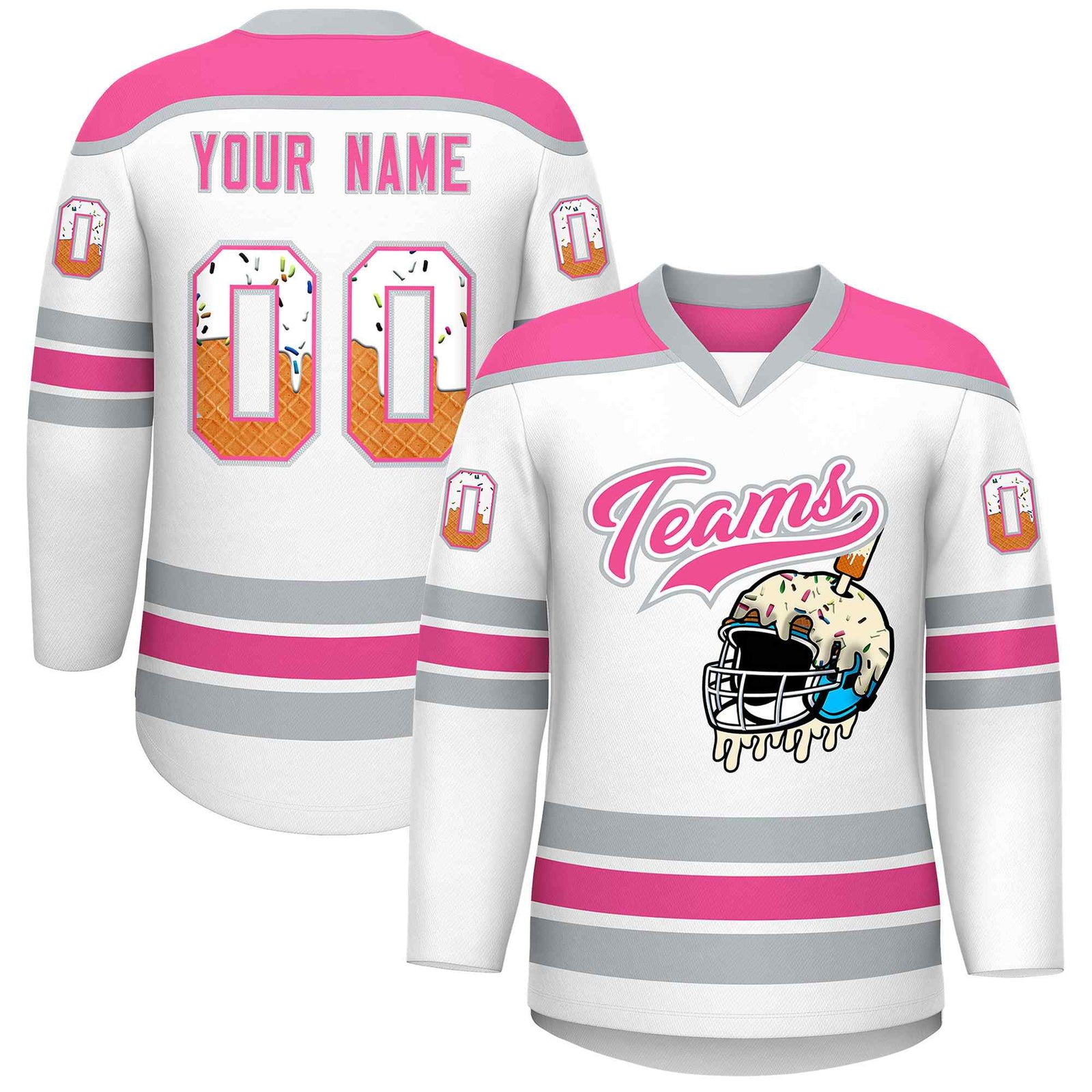 Custom White Pink Ice Cream Helmet Pattern Personalized V-Neck Hockey Jersey