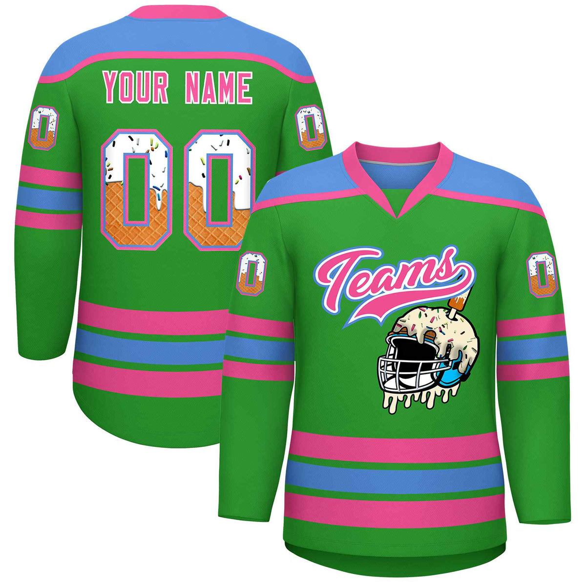 Custom Light Green Powder Blue Ice Cream Helmet Pattern Personalized V-Neck Hockey Jersey
