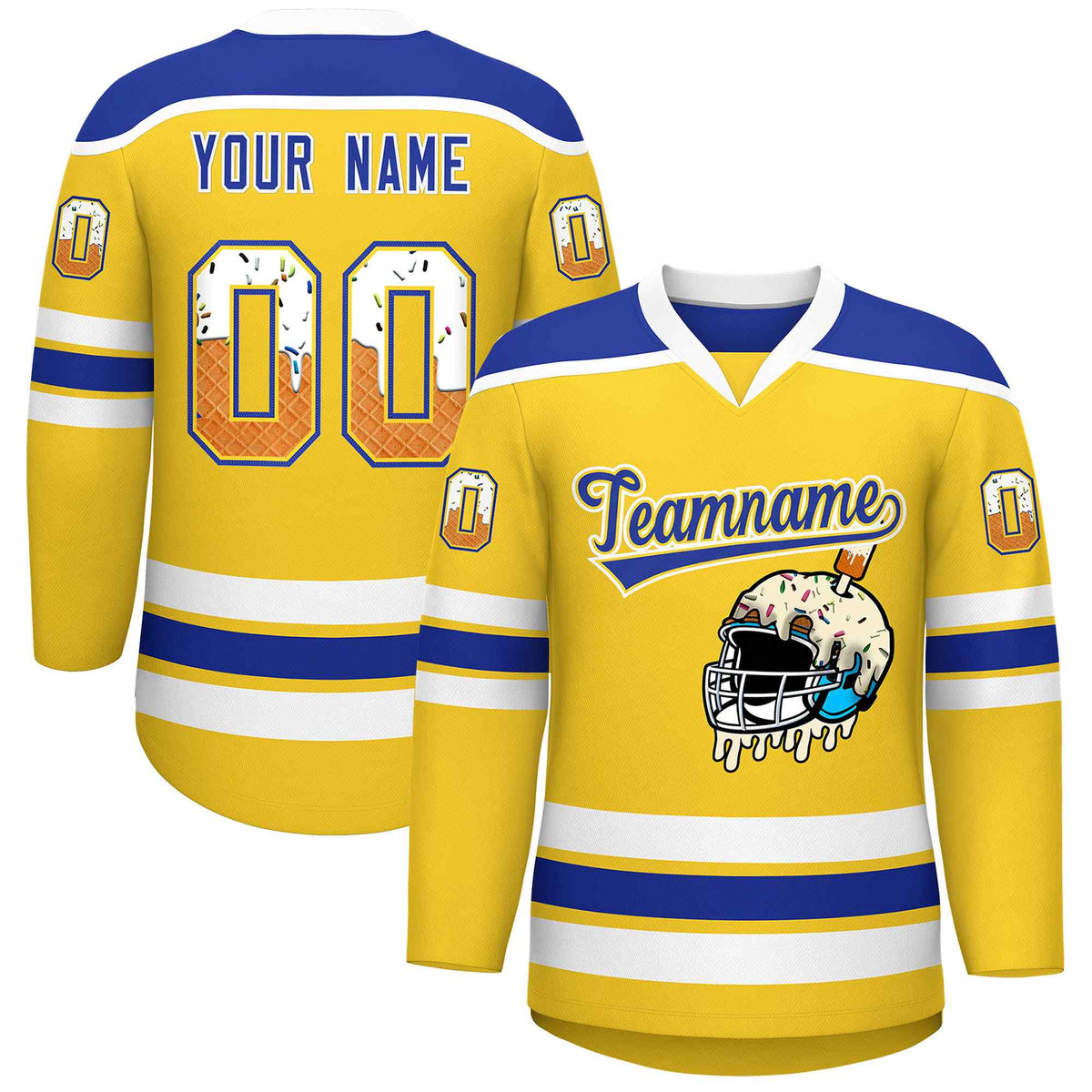 Custom Gold Royal Blue Ice Cream Helmet Pattern Personalized V-Neck Hockey Jersey| KXKSHOP