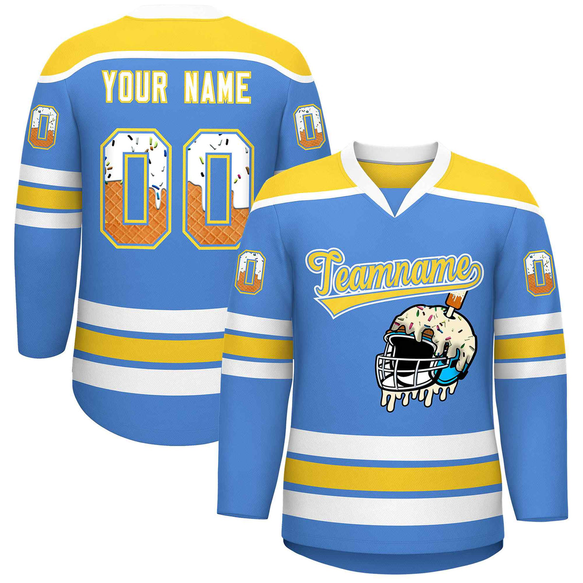 Custom Powder Blue Gold Ice Cream Helmet Pattern Personalized V-Neck Hockey Jersey| KXKSHOP