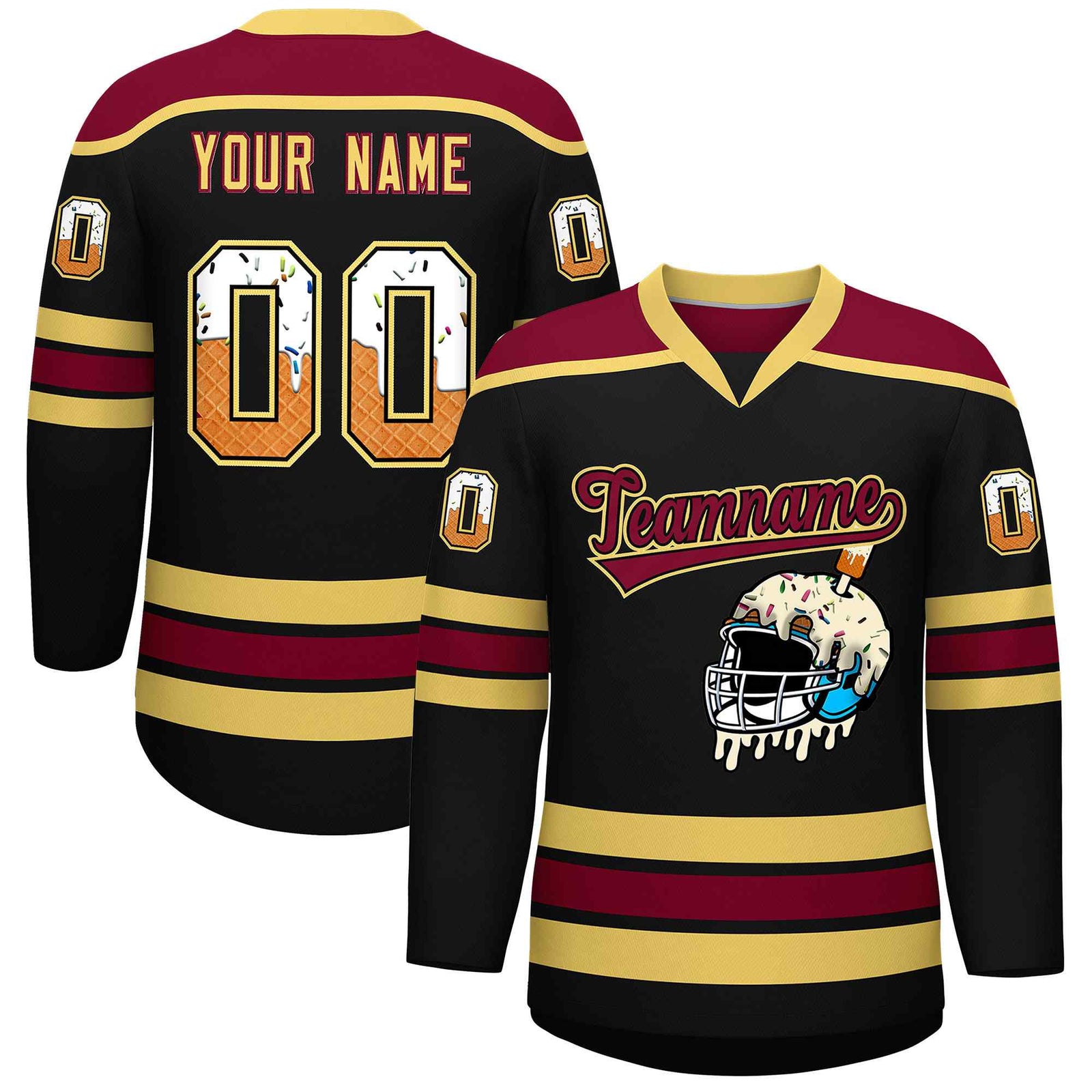 Custom Black Khaki Ice Cream Helmet Pattern Personalized V-Neck Hockey Jersey| KXKSHOP