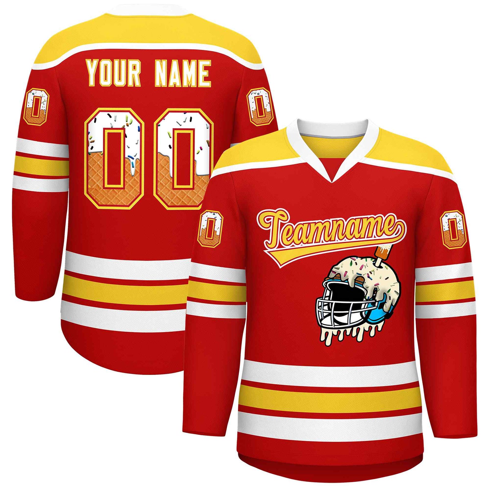 Custom Red Gold Ice Cream Helmet Pattern Personalized V-Neck Hockey Jersey| KXKSHOP