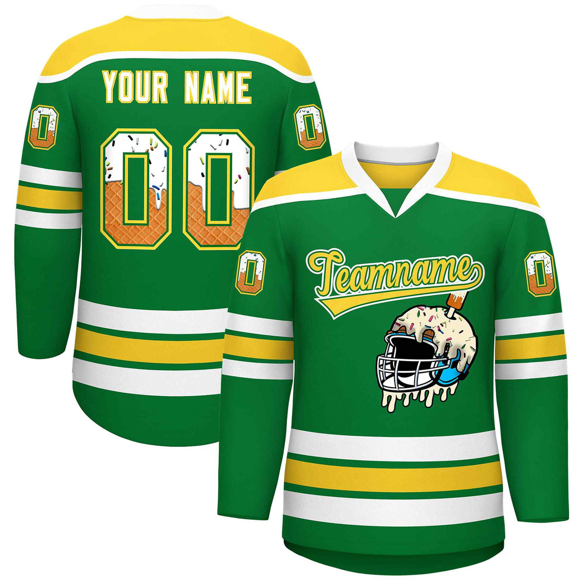 Custom Kelly Green Gold Ice Cream Helmet Pattern Personalized V-Neck Hockey Jersey| KXKSHOP