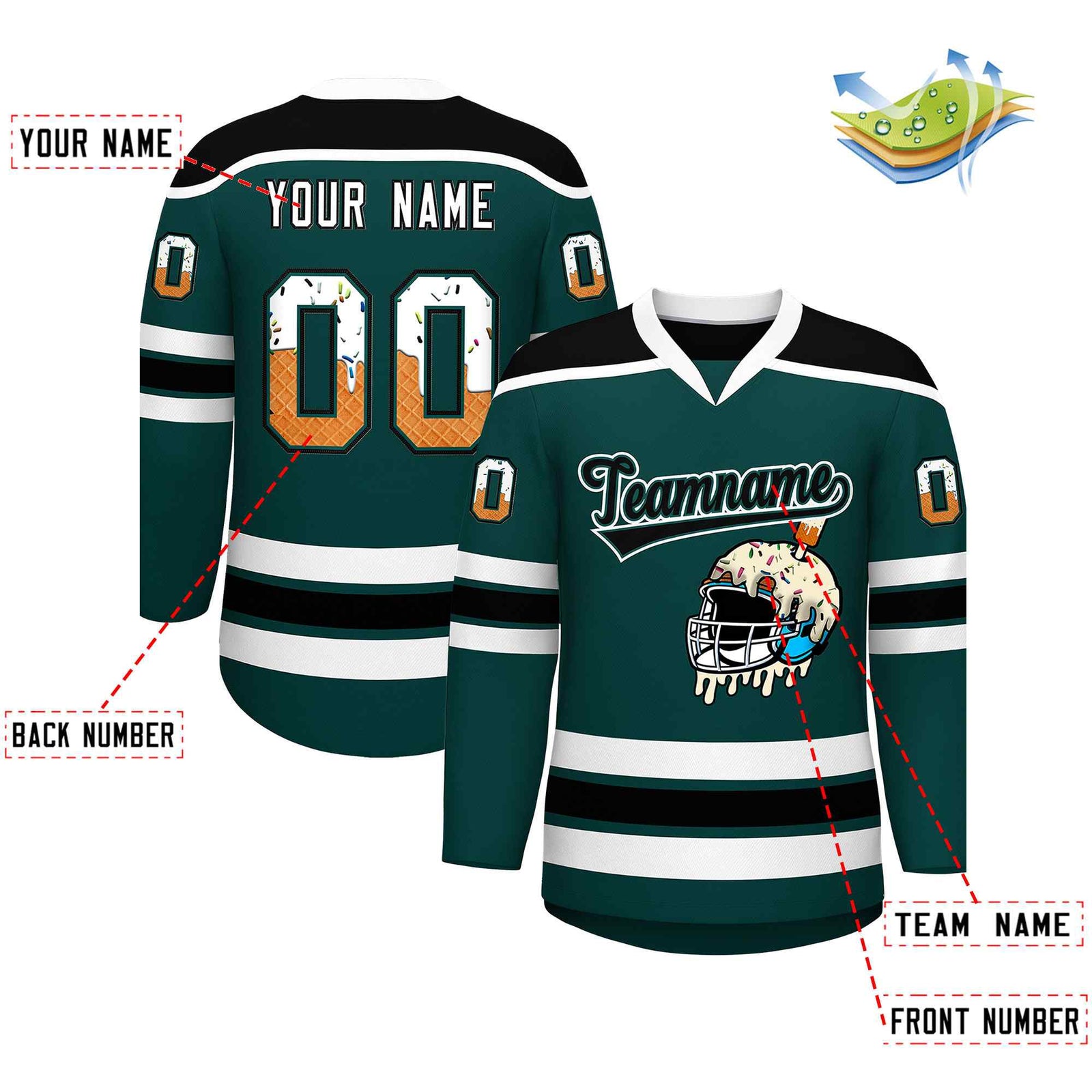 Custom Midnight Green Black Ice Cream Helmet Pattern Personalized V-Neck Hockey Jersey| KXKSHOP